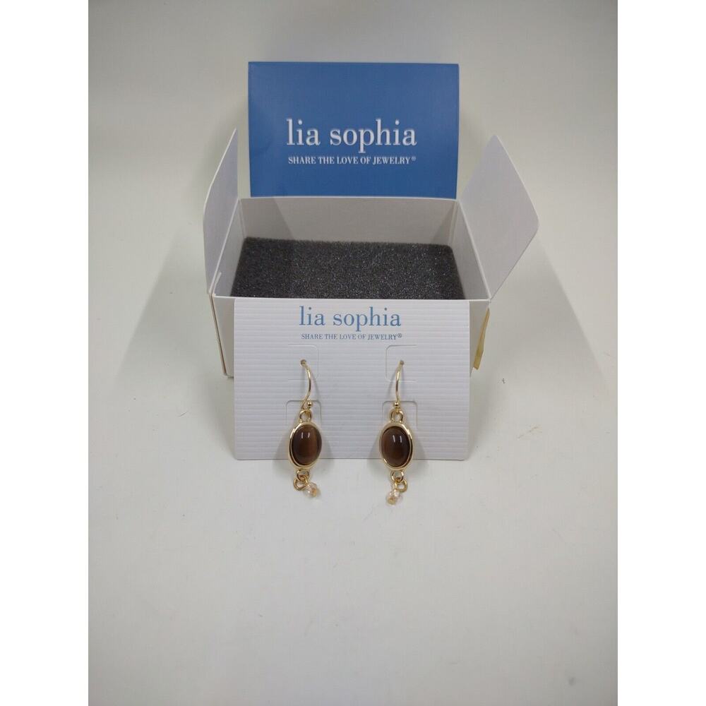 Lia Sophia Cats Eye Look Dangle Hook Gold Color Earrings Pair With Rubber Backs